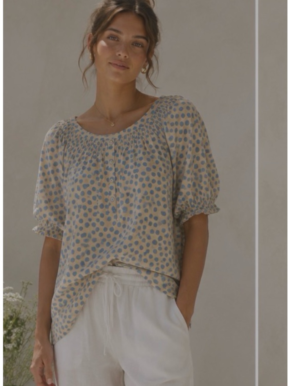 Hatch Cream Light Blue Polka Dots Cottagecore Whimsical Retro Blouse Size 1